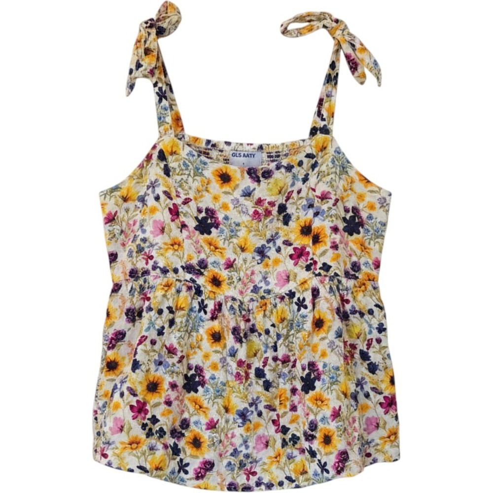 Old Navy Floral Tie Shoulder Babydoll Cami Top Smocked Back Yellow Pink Small